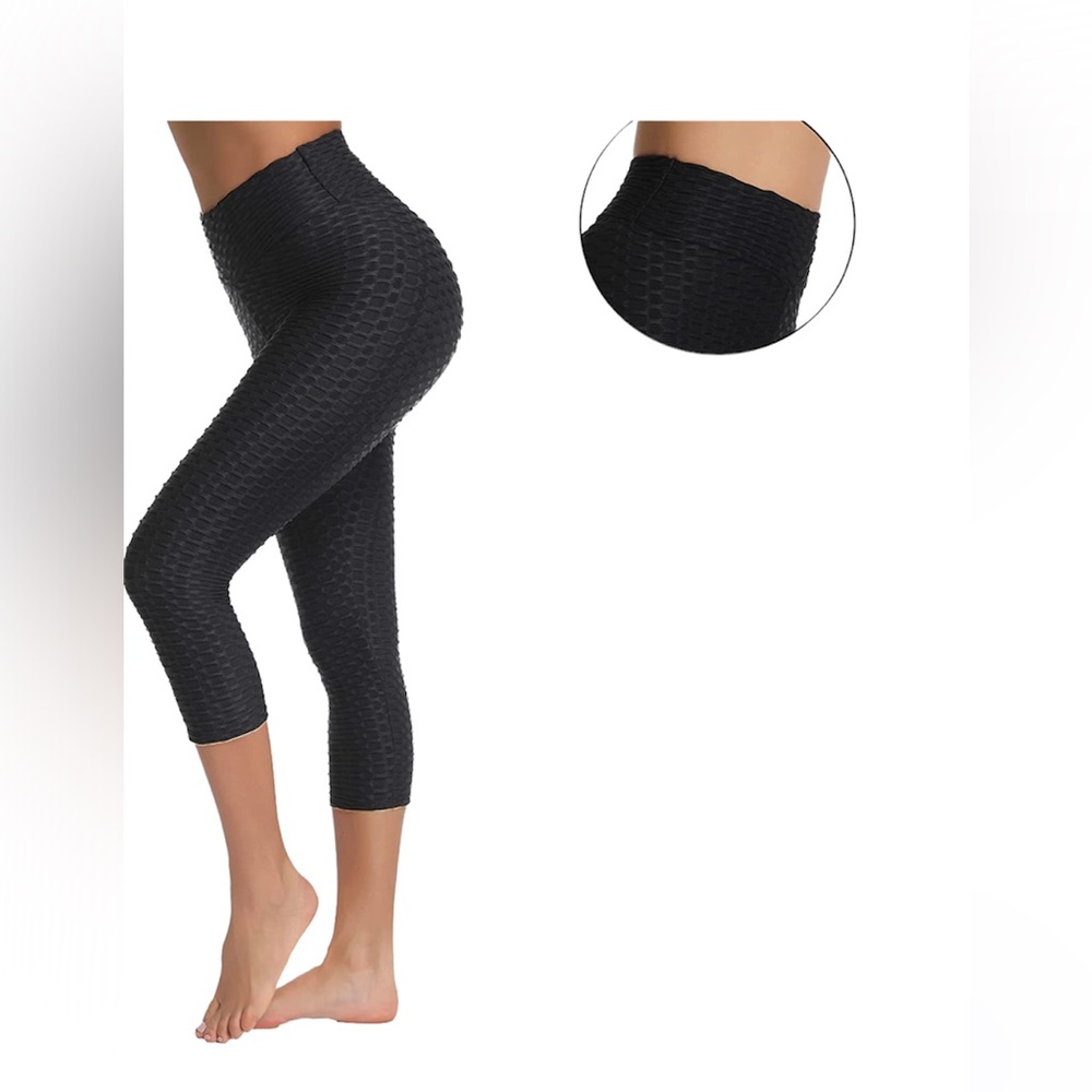 W&J Fashion Ruched Textured Scrunch Capri Yoga Leggings Black Size L-XL